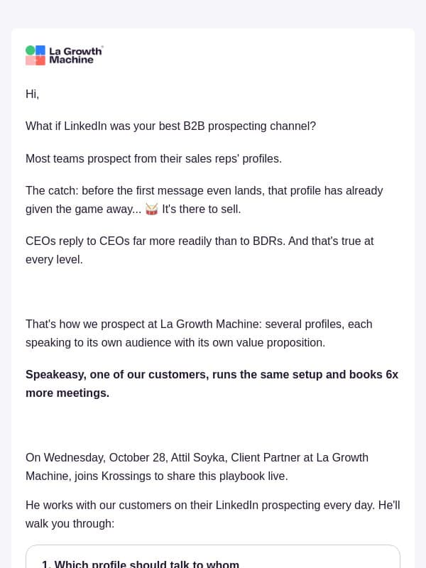 The LinkedIn prospecting playbook, shared live email from LaGrowthMachine