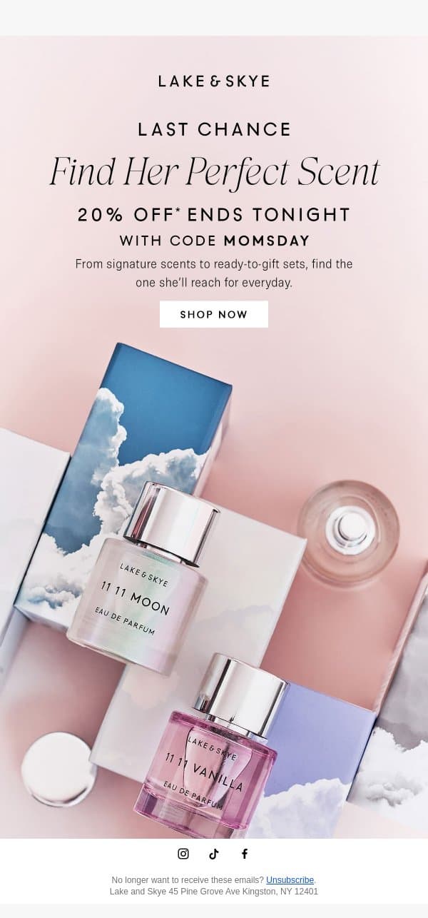 Ends Tonight: 20% Off Sitewide email from Lake & Skye screenshot