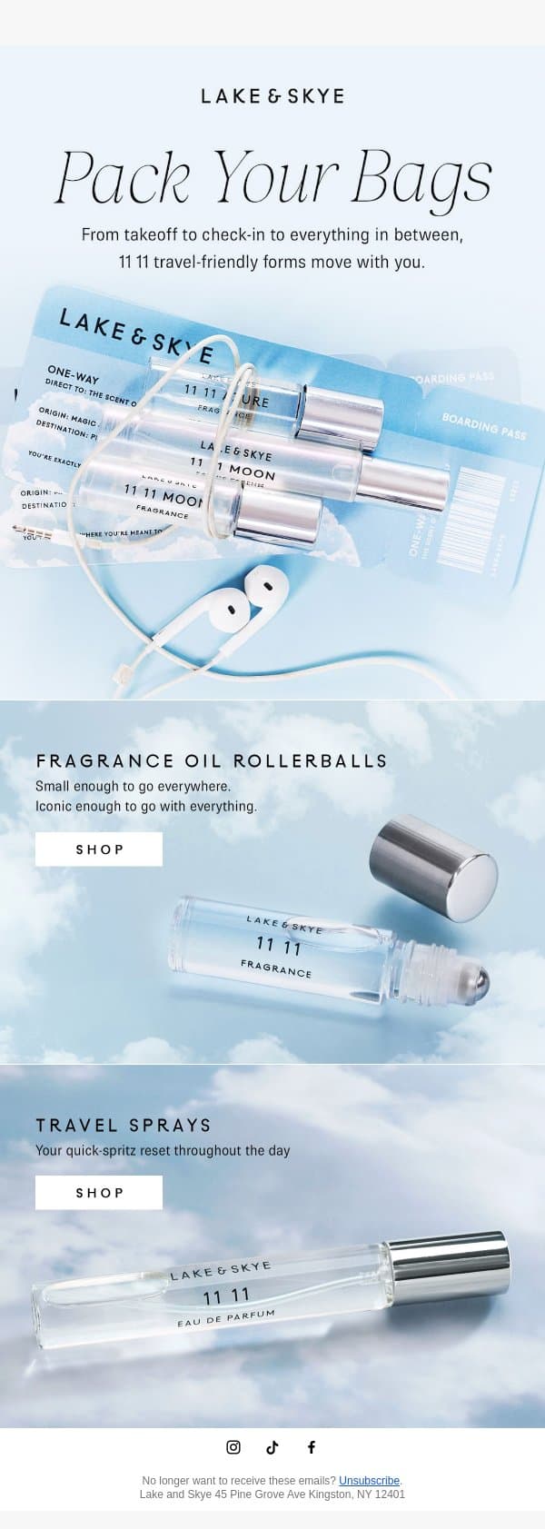 Travel Light. Smell Amazing. email from Lake & Skye screenshot