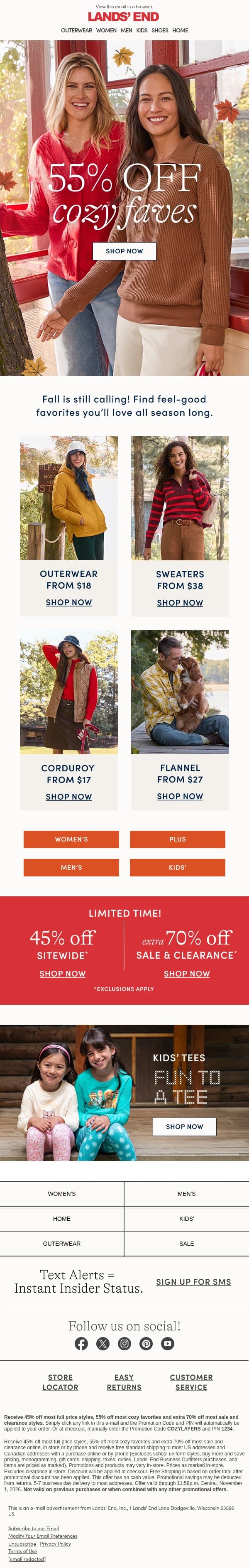 55% off cozy faves! Stock up for the season ahead email from Lands' End screenshot