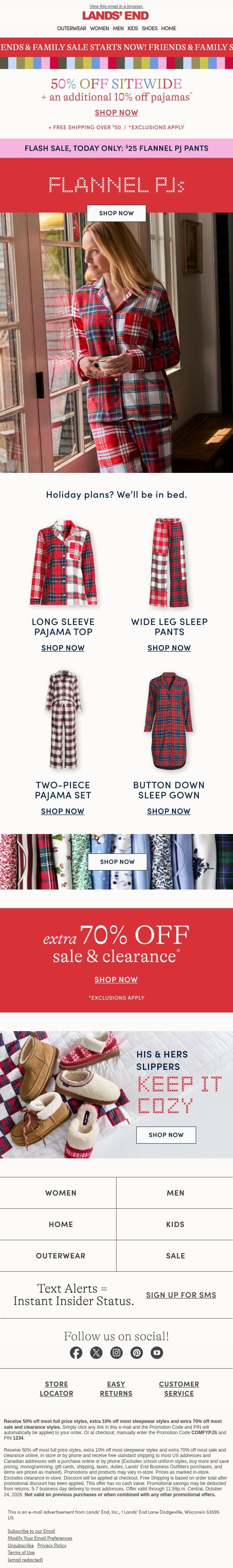50% off + an extra 10% off PJs (a today-only deal!) email from Lands' End screenshot