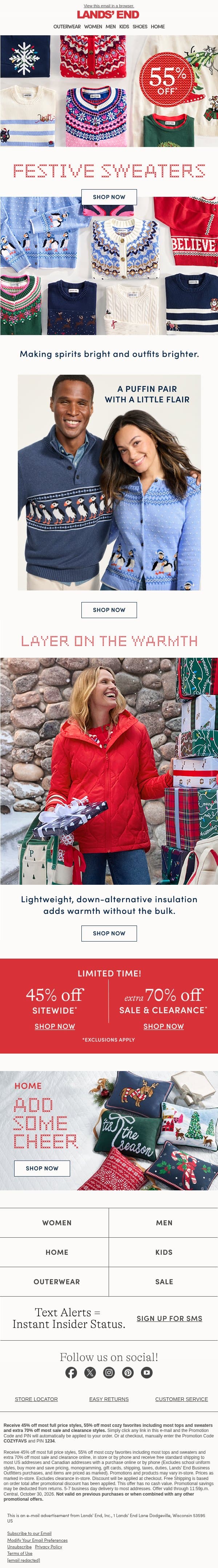 Sweaters that make outfits brighter: 55% off! email from Lands' End screenshot