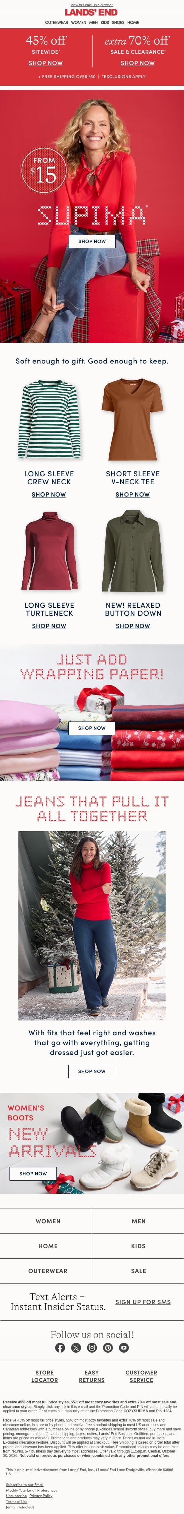 Supima: The softest tees under the tree, from $15! email from Lands' End screenshot
