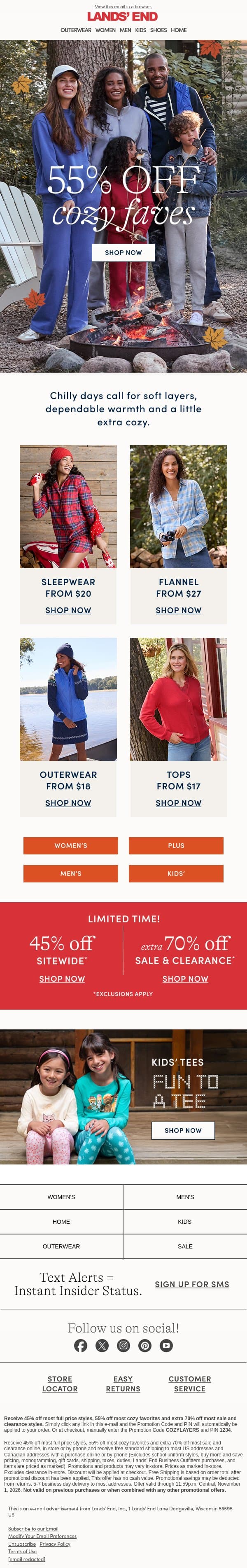 Chilly days, cozy faves: 55% off email from Lands' End screenshot