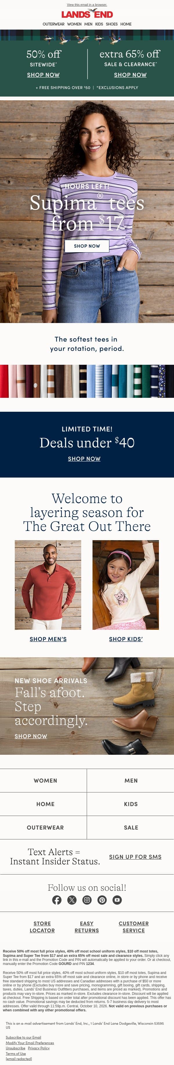 Supima tees from $17 ends soon! email from Lands' End screenshot