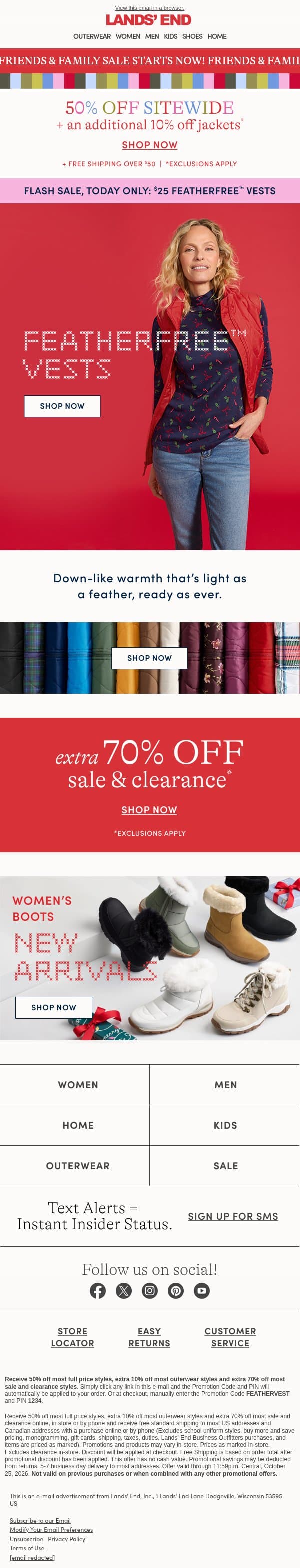 Flash Sale! $25 FeatherFree Vests, today only email from Lands' End screenshot