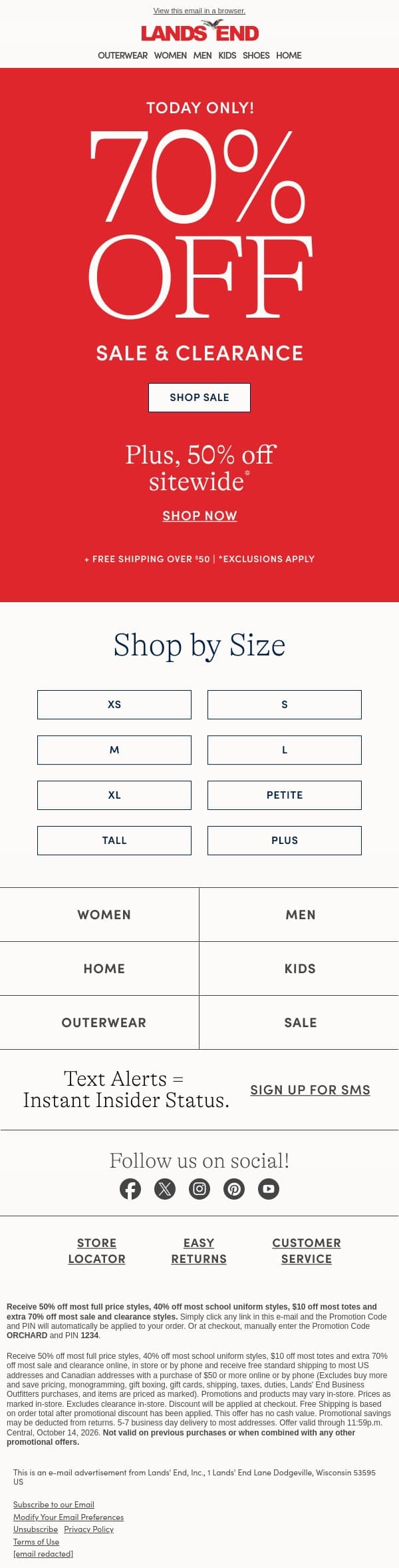 Shop 70% off clearance while you can! email from Lands' End screenshot