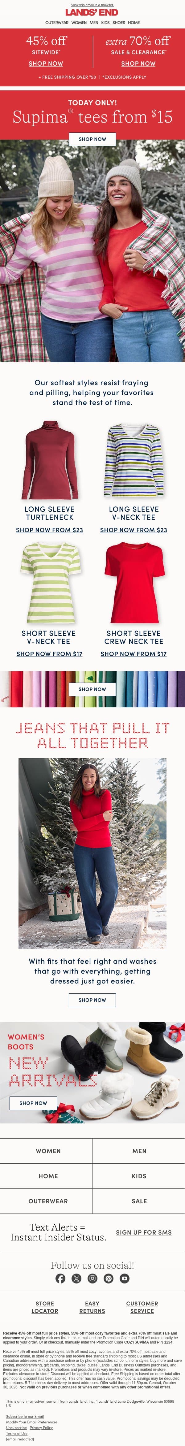 Ends tonight: $15 Supima tees! email from Lands' End screenshot