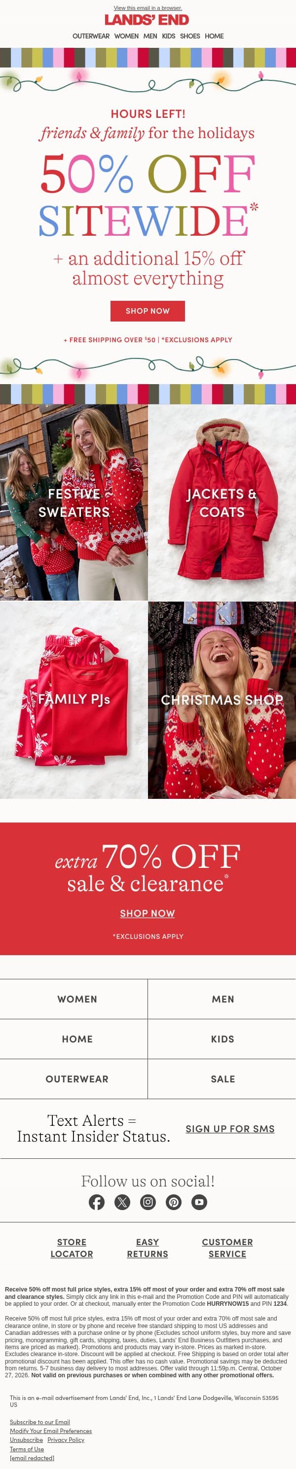 HOURS LEFT: 50% off + an extra 15% off almost everything email from Lands' End screenshot