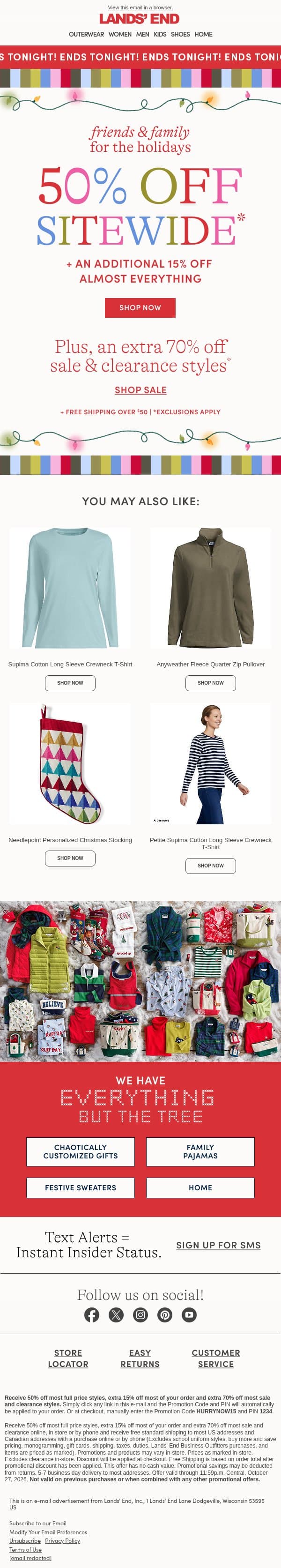Don’t miss 50% off + an extra 15% off! email from Lands' End screenshot