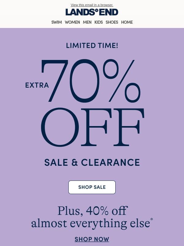 EMAIL EXCLUSIVE: Extra 70% off clearance + 40% off your order email from Lands' End