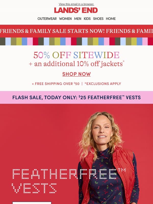 Flash Sale! $25 FeatherFree Vests, today only email from Lands' End