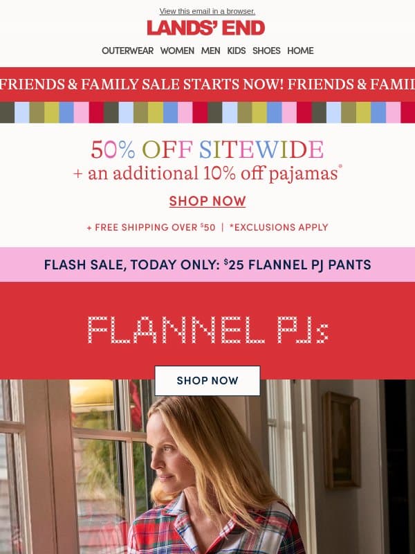 50% off + an extra 10% off PJs (a today-only deal!) email from Lands' End