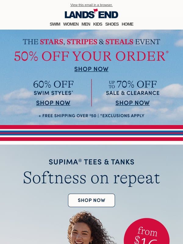 Supima tees & tanks from $16 – softness that sets the standard email from Lands' End