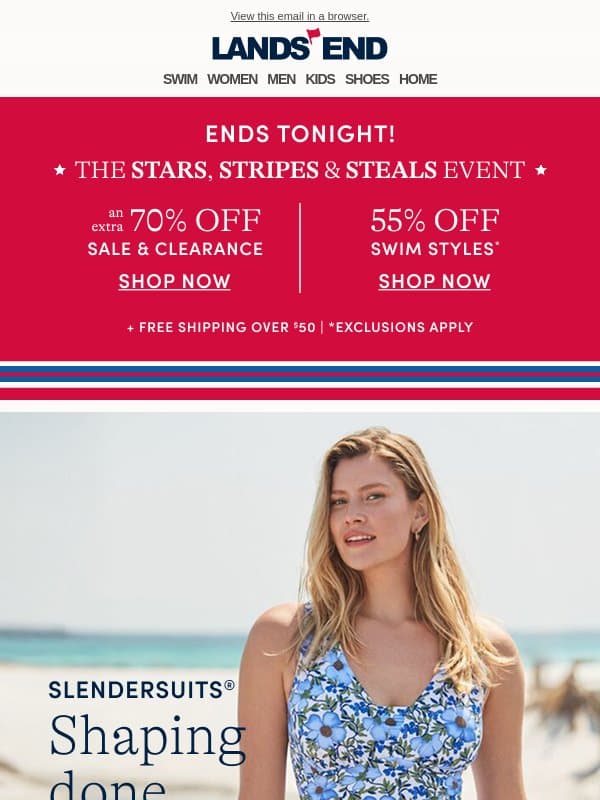 ENDS TONIGHT: Extra 70% off clearance & 55% off swim! email from Lands' End