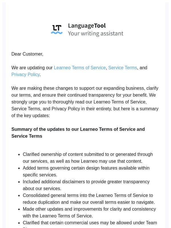 Updates to the LanguageTool General Terms and Conditions and Privacy Policy email from LanguageTool