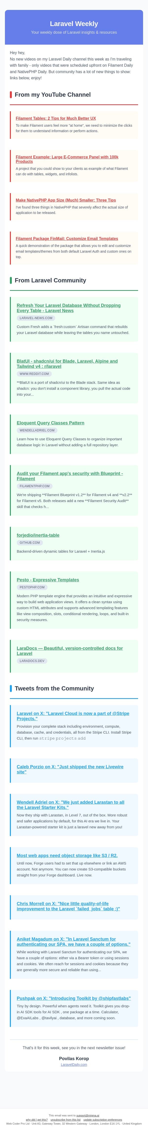 Filament Tips, and Many Laravel New Releases email from Laravel Daily screenshot