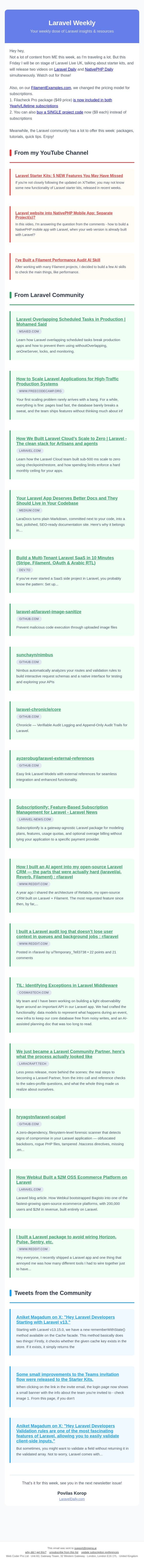 Laravel Starter Kits and 20+ New Tutorials email from Laravel Daily screenshot