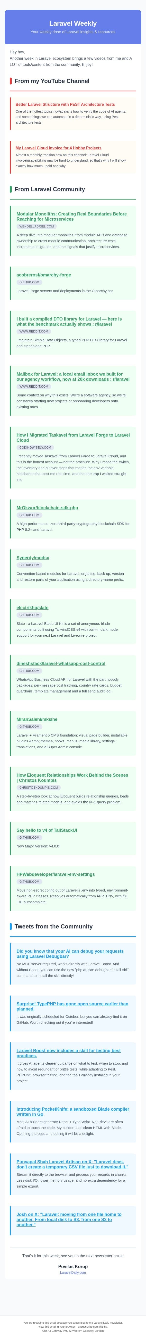 PEST Arch Tests and My Laravel Cloud Invoice for $8.31 email from Laravel Daily screenshot