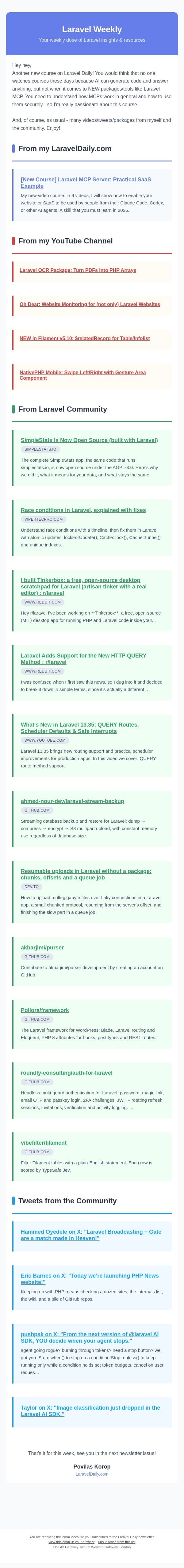 Laravel MCP Server: Practical SaaS Example email from Laravel Daily screenshot