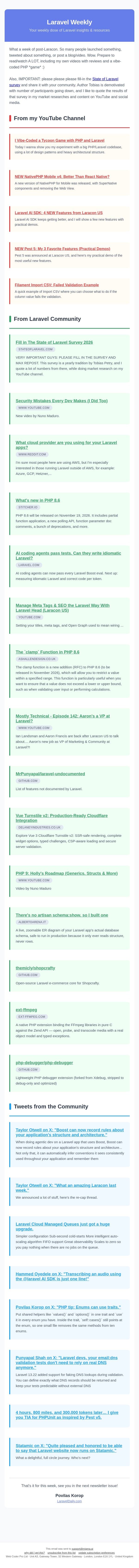 My PHP Tycoon Game, NativePHP v4, Pest 5, and More email from Laravel Daily screenshot