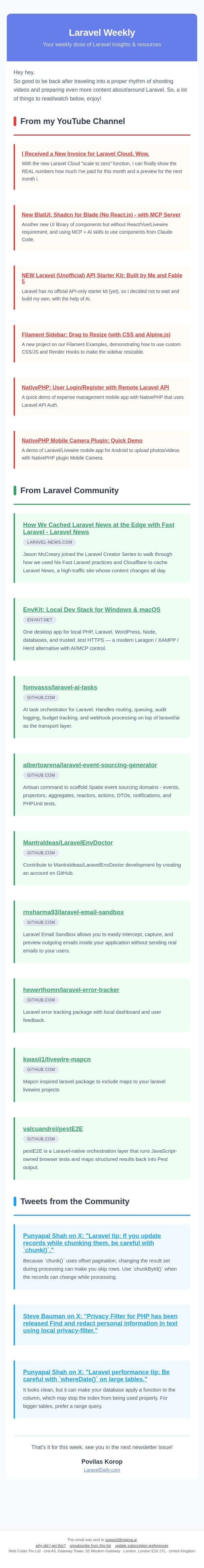 API Starter Kit, Cheap Cloud, and NativePHP Examples email from Laravel Daily screenshot