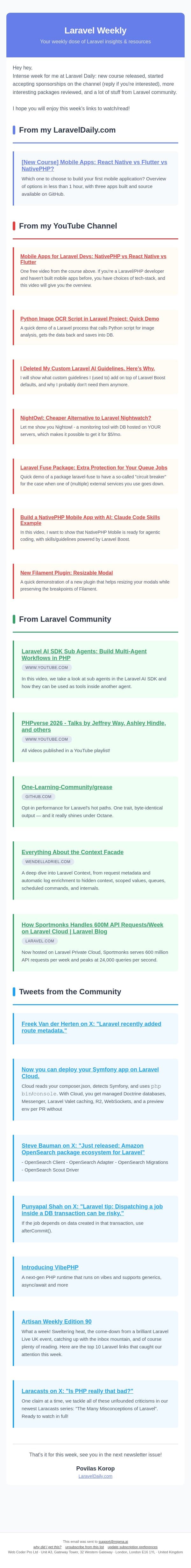 Mobile Apps: React Native vs Flutter vs NativePHP? email from Laravel Daily screenshot