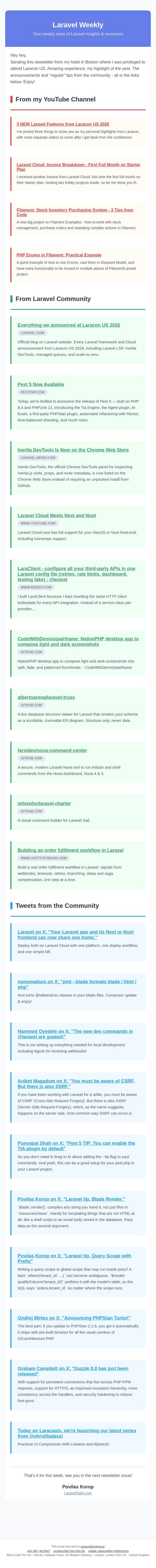 Laracon US News, Pest 5, and More Announcements email from Laravel Daily screenshot