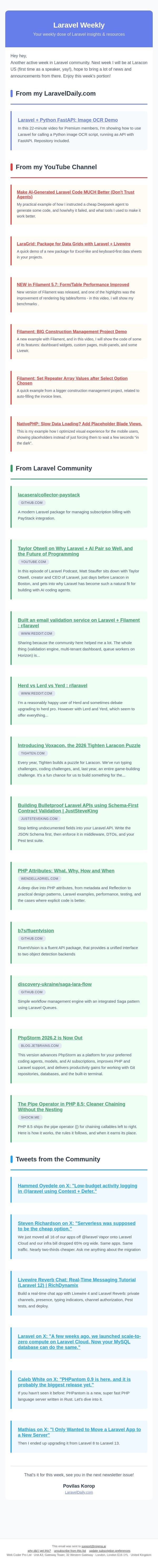 Python in Laravel, Filament v5.7, and More News email from Laravel Daily screenshot