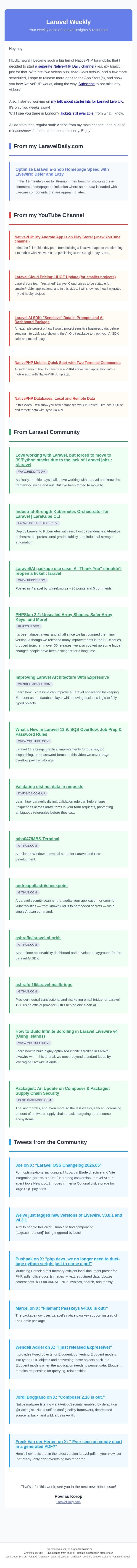 New YT Channel: NativePHP Daily! (and 20+ Laravel tutorials) email from Laravel Daily screenshot