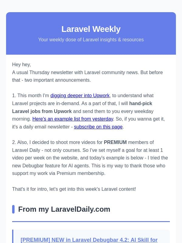 New Laravel Features, Filament Tricks, and Upwork Jobs email from Laravel Daily