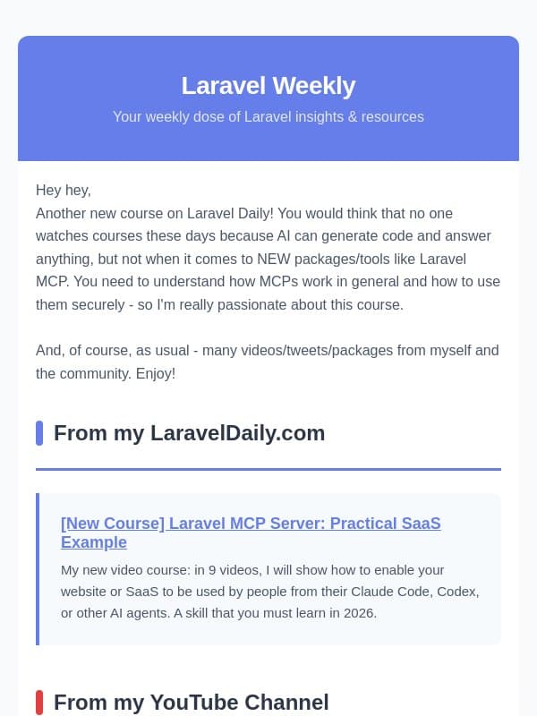 Laravel MCP Server: Practical SaaS Example email from Laravel Daily