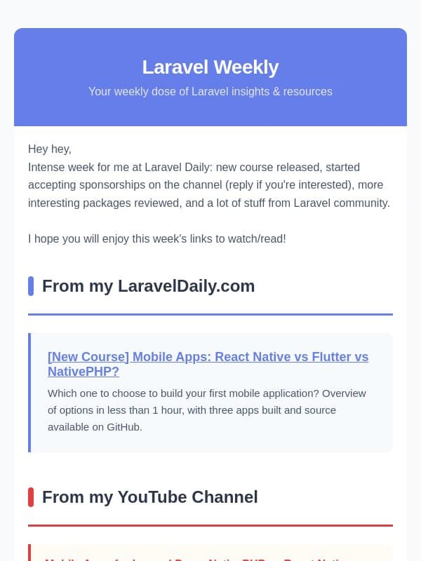Mobile Apps: React Native vs Flutter vs NativePHP? email from Laravel Daily