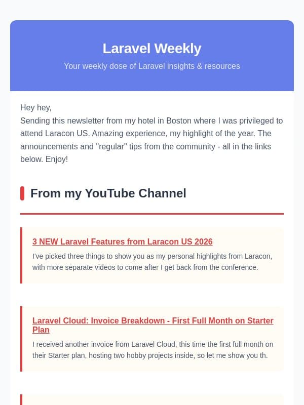 Laracon US News, Pest 5, and More Announcements email from Laravel Daily