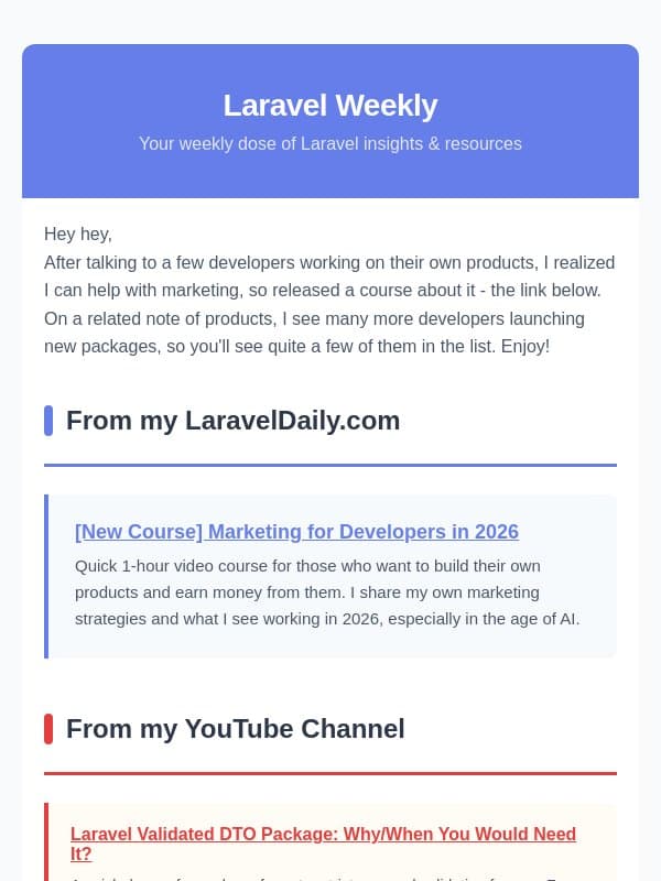 Marketing for Developers, and Many New Packages email from Laravel Daily