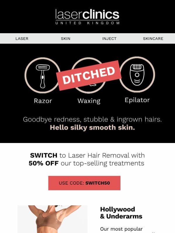 Goodbye regrowth, Hello Half Price Laser email from Laser Clinics United Kingdom