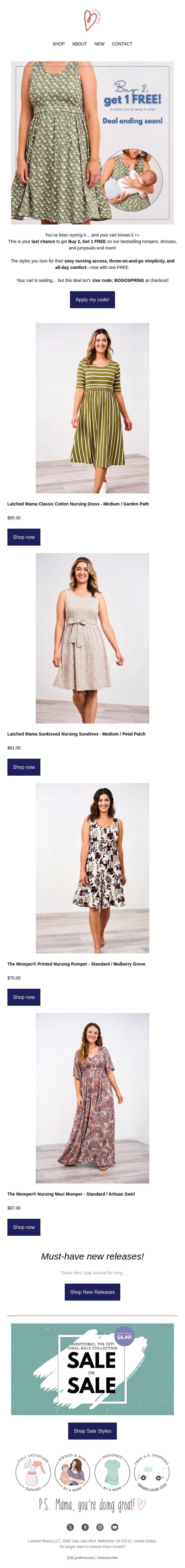 FREE dress ends soon! email from Latched Mama screenshot