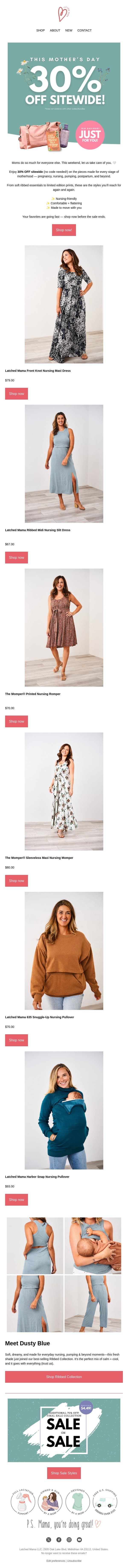 30% off SITEWIDE just for moms! email from Latched Mama screenshot