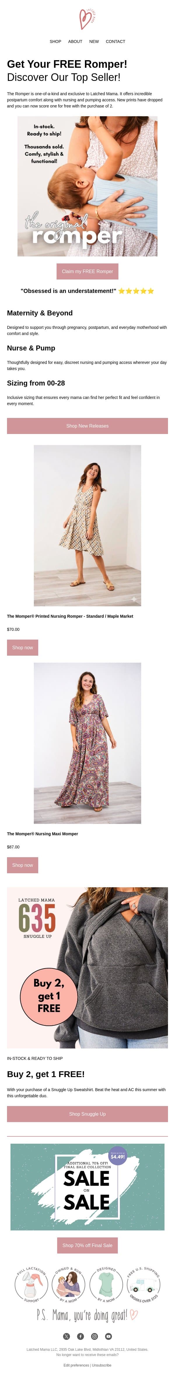 Get 1 FREE with purchase! email from Latched Mama screenshot