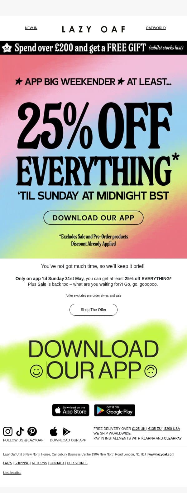APP EXCLUSIVE: AT LEAST 25% OFF EVERYTHING email from Lazy Oaf screenshot