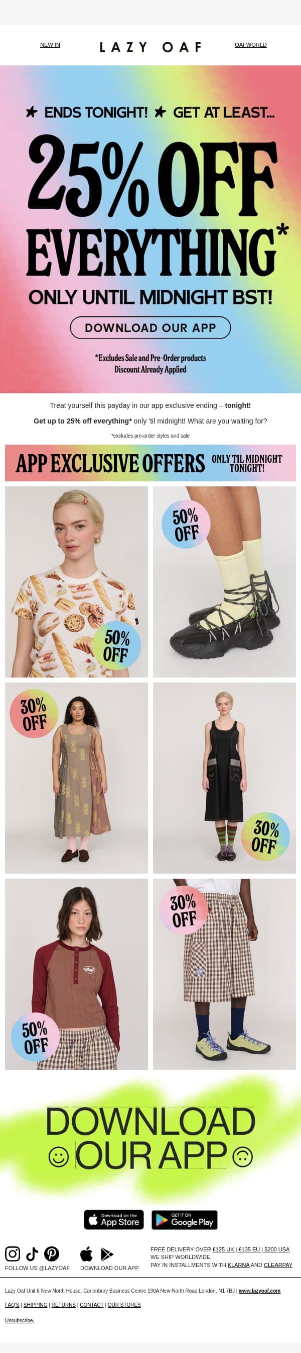 ENDS TONIGHT: AT LEAST 25% OFF EVERYTHING email from Lazy Oaf screenshot