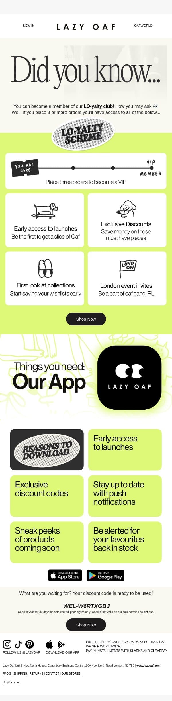 Become a VIP at Oaf... email from Lazy Oaf screenshot