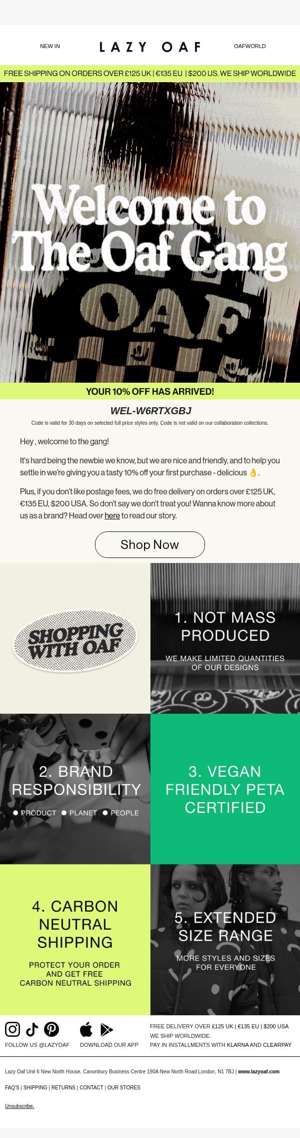 Hey , Welcome to The Gang! 💥 email from Lazy Oaf screenshot