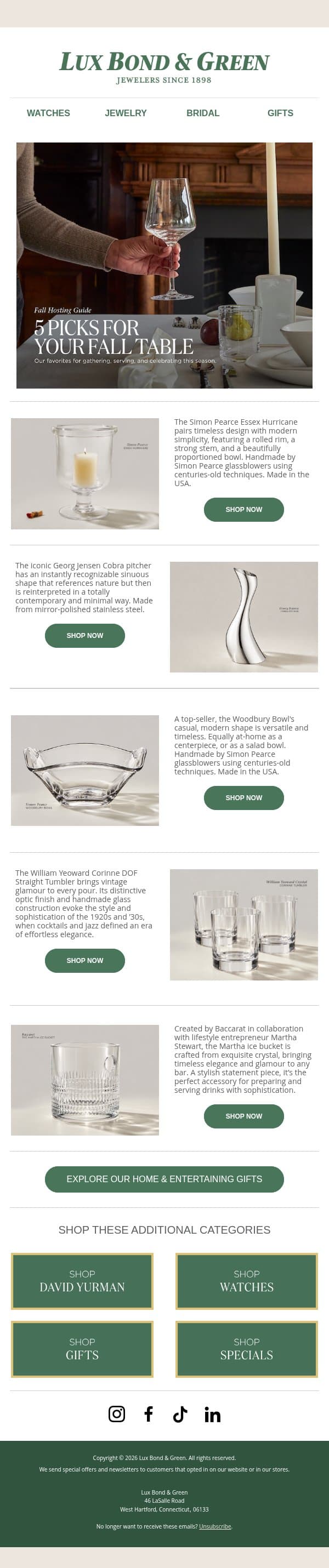 5 Picks for Your Fall Table email from LB Green Jewelers screenshot