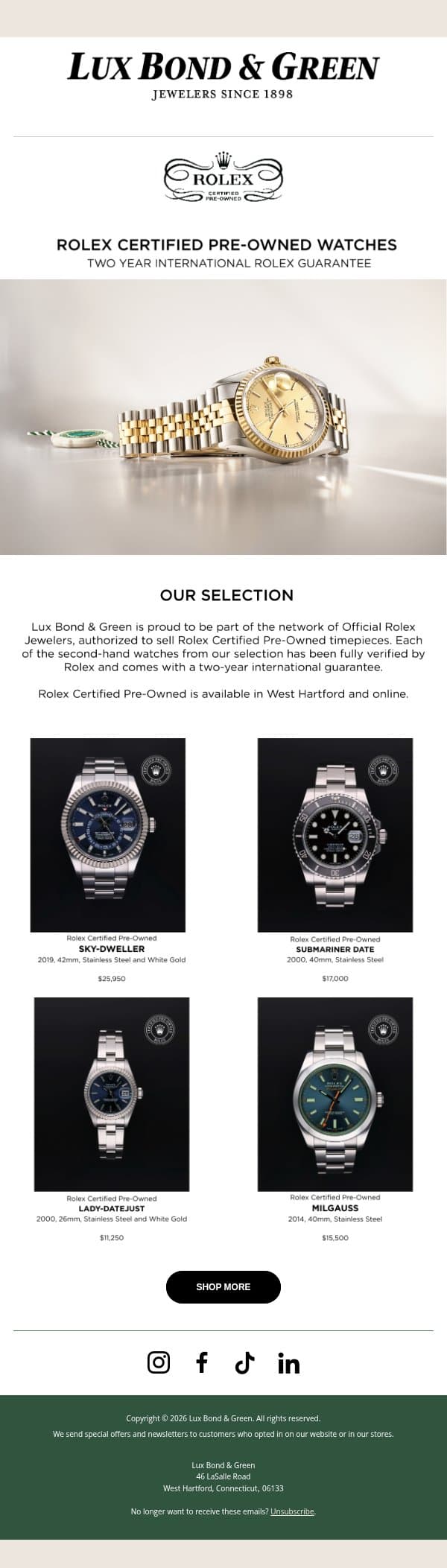 Rolex Certified Pre-Owned at Lux Bond & Green email from LB Green Jewelers screenshot