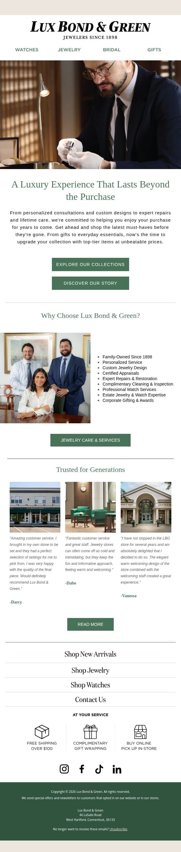 Trusted for Life's Most Meaningful Moments email from LB Green Jewelers screenshot