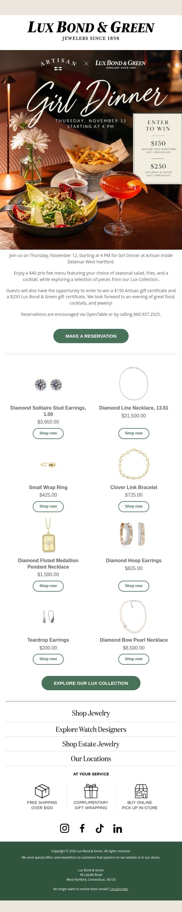 Join Us for Girl Dinner 🍸 email from LB Green Jewelers screenshot