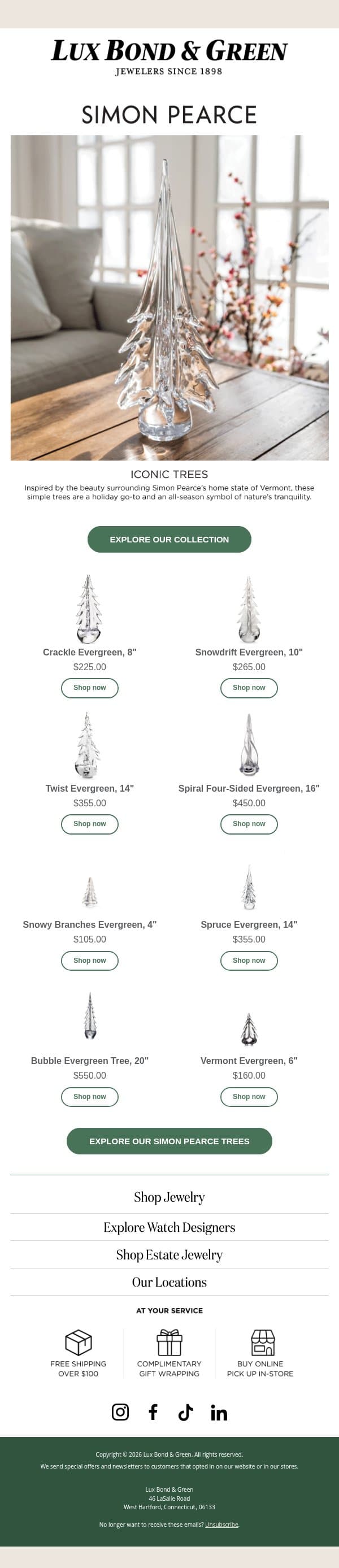 Simon Pearce: Explore Our Forest 🌲 email from LB Green Jewelers screenshot