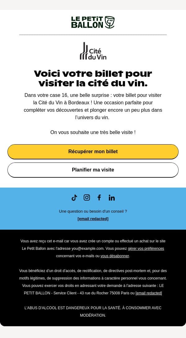 Votre billet pour la cité du vin 🎁 email from Le Petit Ballon screenshot