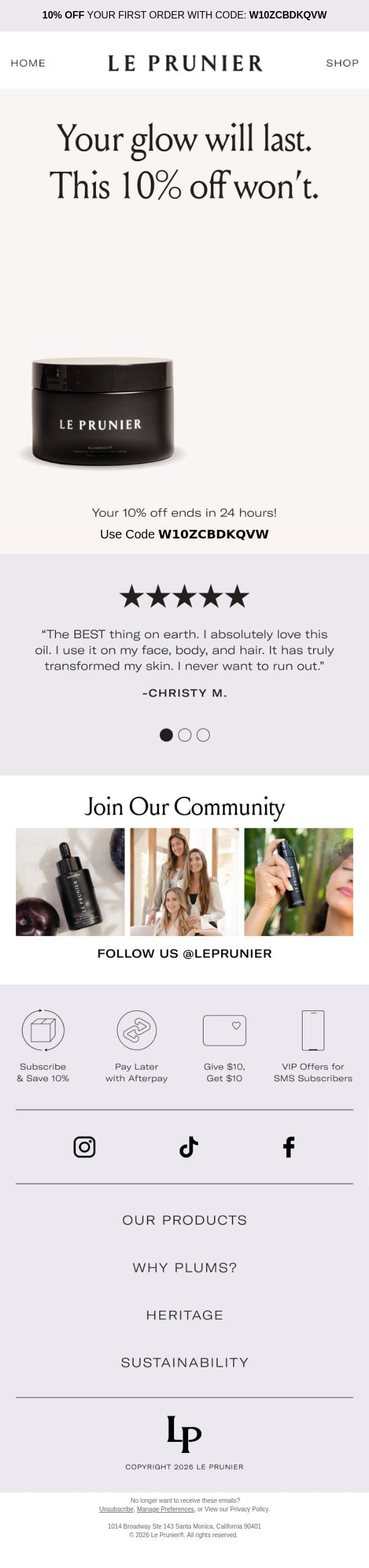 Your 10% off expires in 24 hours! email from Le Prunier screenshot